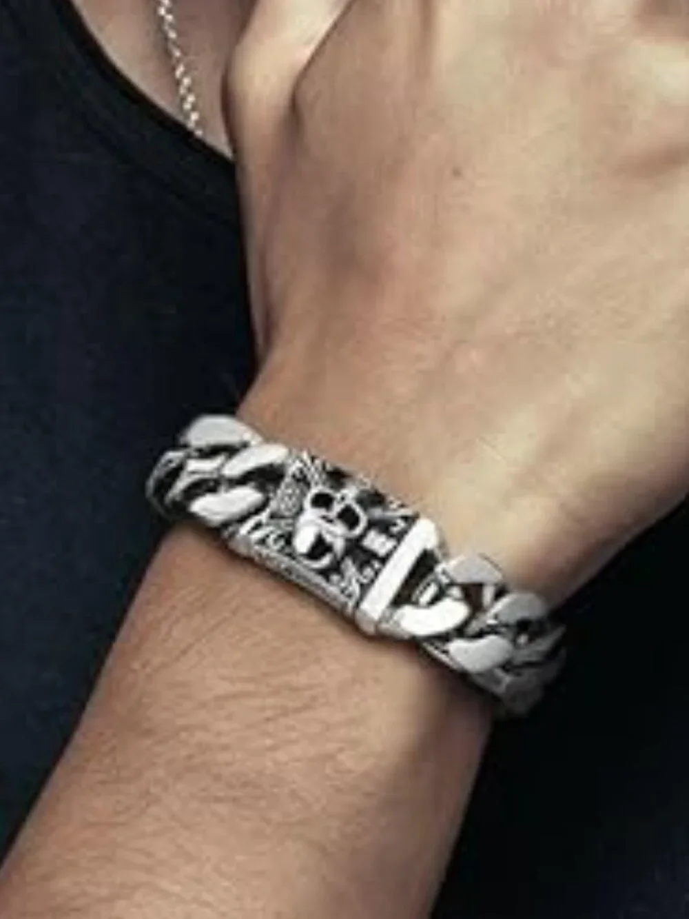 Men's‎ Steel Curb Chain Bracelet with Skull Chunky Goth Punk Biker Style